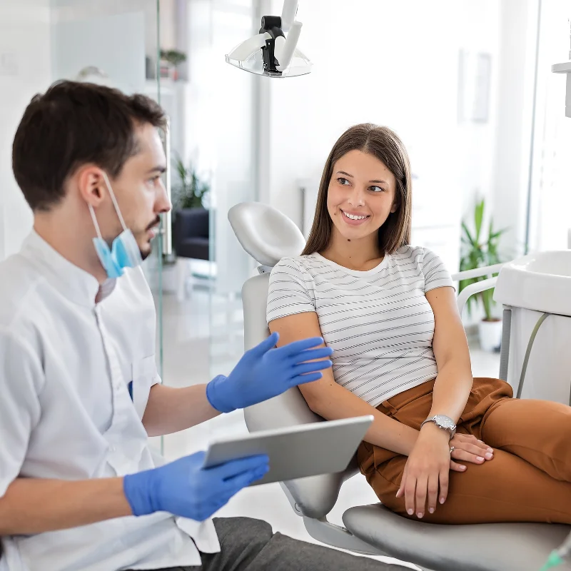 Dentist reviewing dental implant treatment plan with female patient using a tablet