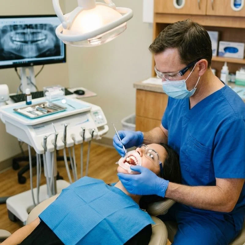 Dentist performing dental crown procedure on female patient with panoramic X-ray visible on screen