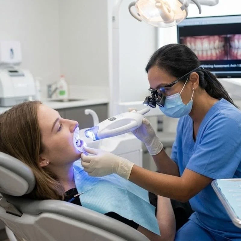 Dentist applying professional teeth whitening light treatment to female patient in dental chair