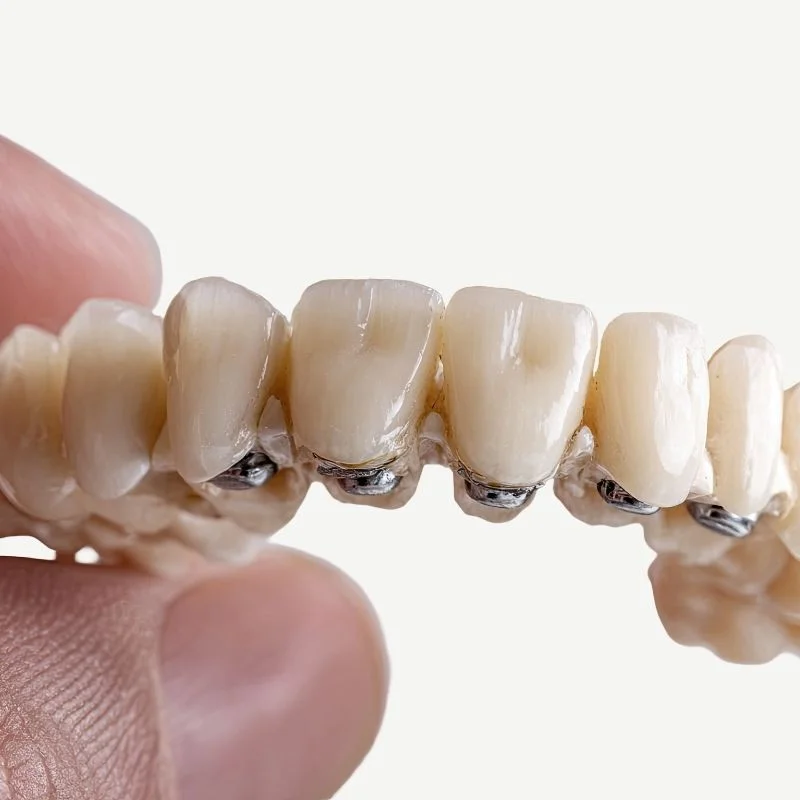 Close-up of a custom dental bridge with multiple tooth crowns held between fingers